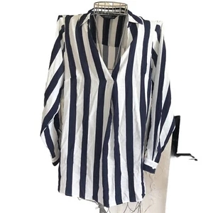 EVANS Blouse UK 16 Long Sleeve Navy/White Striped Summer Loose/Oversize Fit - Picture 1 of 6