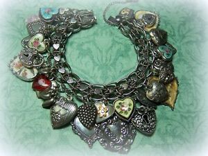 Silver Vintage Puffy Heart Bracelet - 30 Charms - Guilloche - Painted
