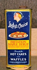 1930S LADY'S CHOICE IMITATION MAPLE SYRUP ADVERTISING TIN LITHO CAN LA SF CA 5# - Picture 1 of 6