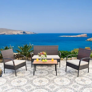 Patiojoy 4PCS Outdoor Rattan Furniture Set Patio Conversation Set Coffee Table - Picture 1 of 9
