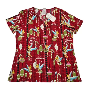Tinkerbell Disney Scrub Top - Women Small - Christmas, Red, Holiday Shirt - Picture 1 of 9