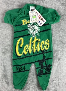 Vintage 90s Boston Celtics Kids One Piece Pajamas Green Snap Up Size 6-9 Months - Picture 1 of 4