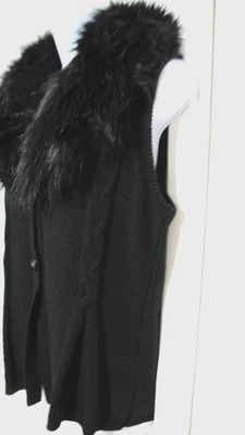 Chico’s Talla 1 Negro Tejido Suéter Chaleco 2 Botones Extraíble-Imitación-Piel-Cuello Mujer M Foto 1 de 4