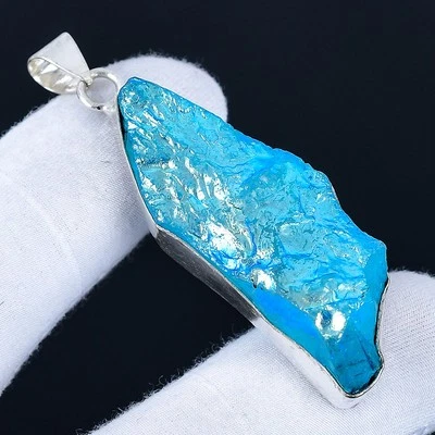 Blue Titanium Quartz 925 Silver Plated Handmade Pendant of 2.4" - Image 1 of 3