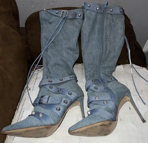 Steve Madden Boots Womens Size 9 Medium Blue Denim Fink02s1 Studded Heels Zip - Picture 1 of 4