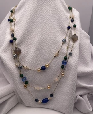 Collar llamativo con cuentas doradas y hilo en capas de fábrica ANN TAYLOR azul ámbar Foto 1 de 4