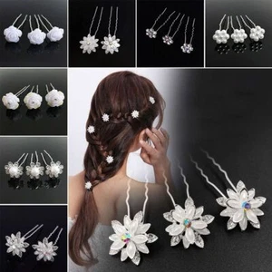 5Pcs Metal Pearl Flower Hairpin Stick Headwear Rhinestone Hair Clip Wedding - Picture 1 of 20