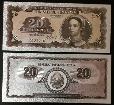 ROMANIA 20 LEI 1950 SILVER PLATED POLYMER BANKNOTE - Image 1 of 2