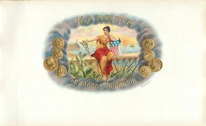 Zigarrenkiste Etikett Inner Manetta amerikanische Flagge Caduceus Frau Münzen - Bild 1 von 2