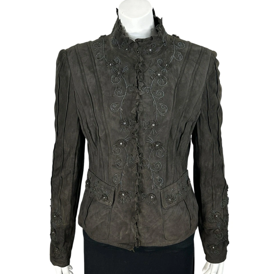 Chaqueta de cuero de gamuza Double D Ranch para mujer talla 6 con cuentas floral marrón occidental Foto 1 de 4