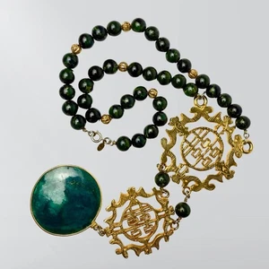Vintage 60s Cadoro Jade Green Bakelite Beaded Goldtone Necklace - Picture 1 of 7