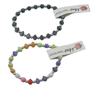 TRRTLZ Pigz Pig Stretch Bracelet 2pc Gray & Multi Colorful Silver Bead Spacer - Picture 1 of 3