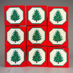 VTG Christmas Needlepoint Coasters Plastic Canvas Set Of 9 Felt Backed - Picture 1 of 7