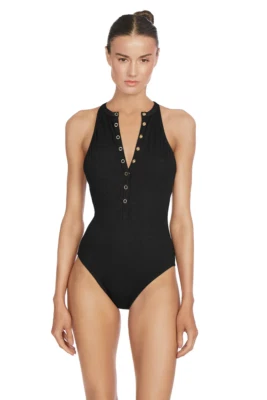 NEW! $178 ROBIN PICCONE AMY RIB ONE PIECE SWIMSUIT LICORICE SZ 12 - Image 1 of 2