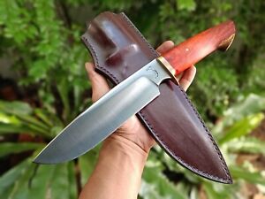 Custom bowie hunting knife 8" forged blade Rosewood handle Brass guard, L Sheath