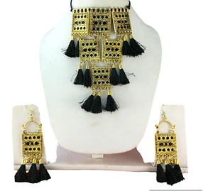 Ethnic Bollywood Style Design Gold Oxidized Choker Indian Necklace Jewelry Set - Picture 1 of 7