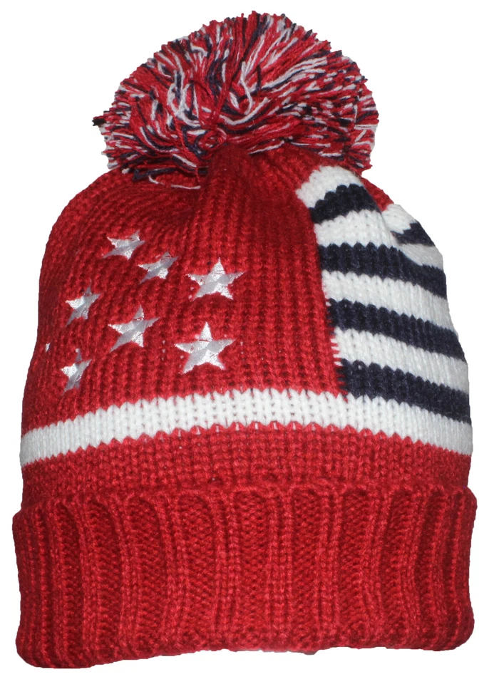 Los mejores sombreros de invierno adulto bandera americana puños tejido gorro con pompón (talla única) Foto 1 de 1