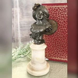 Antique Spelter Bust Marble Art Nouveau Victorian Woman in Hat with Fan Bronzed - Picture 1 of 9