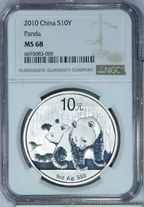 2010 China Silver Panda 10 Yuan S10Y NGC MS68 - Picture 1 of 2