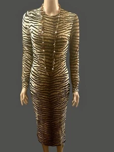 Vintage Dress Y2K Animal Tiger Print Fitted Sexy Bodycon Long Sleeve Boho Glam S - Picture 1 of 9