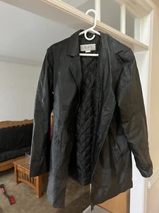 Comint Black Leather Trench Coat Jacket Size L - Vintage - Picture 1 of 4