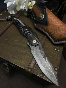 Coltello tascabile pieghevole 8''nuovo apertura rapida VG10 lama damascata manico ebano VTF116 - Foto 1 di 8