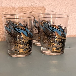 Vintage Mid Century Modern Lowball Cocktail Bar Glasses Gold Teal Advertising 4 - Picture 1 of 11
