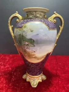 Nippon Hand Painted Enameled Jewels Scenic Double Handled Urn Vase - Picture 1 of 20