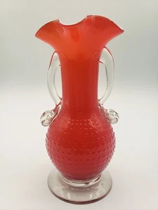 Vintage Vase HAND BLOWN CASED GLASS HOBNAIL w HANDLES Ruffled Rim, Red 5.75" - Picture 1 of 8