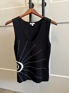 Cache Black/White Size Med Ribbed Sleeveless Top Embroidered Sun - Picture 1 of 6