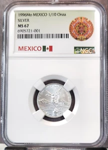 1996 MEXICO SILVER LIBERTAD 1/10 ONZA NGC MS 67 RARE HIGH GRADE GEM COIN - Picture 1 of 3
