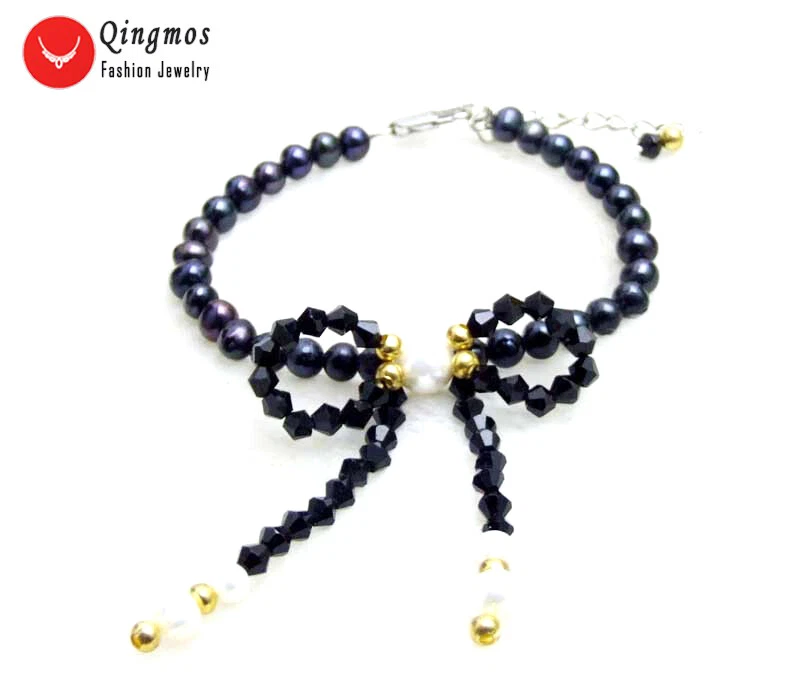 Brazalete colgante con moño de perlas negras de 5-6 mm para mujer brazalete de perlas concha de 7,5"" Foto 1 de 4