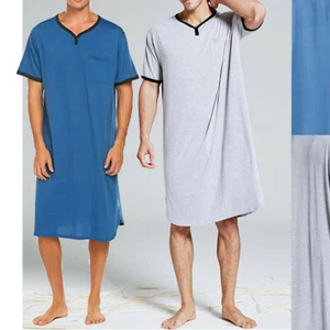 Mens Pajamas Nightwear Short Sleeve Nightshirt Robes Sleepwear Top Blouse Shirts - Picture 1 of 17