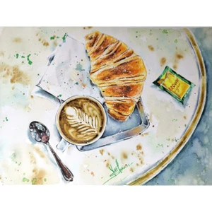 Original watercolor painting Croissant painting Coffee artwork Food art 10"x14" - Picture 1 of 3