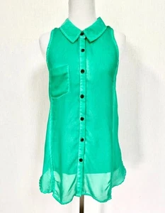 Camiseta sin mangas Free People talla pequeña verde malla gasa sin mangas botón delantero transparente - Imagen 1 de 8