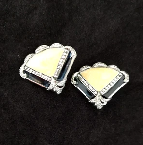 Vintage Art Deco Markasiten & Emaille CLIP ON Fächer Ohrringe - Bild 1 von 4
