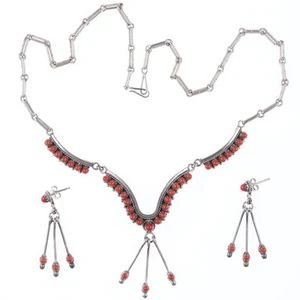 1980's Zuni Mediterannean Coral Snake Eye Sterling necklace and earrings set by - Picture 1 of 3