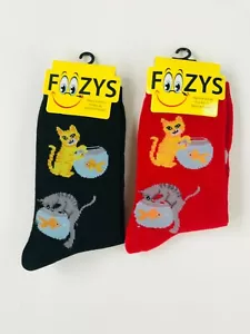 Nuovo 2 Paia Calze Gatto Gattino in Fish Bowl Crew Donna Taglia 9-11 Foozys - Foto 1 di 1