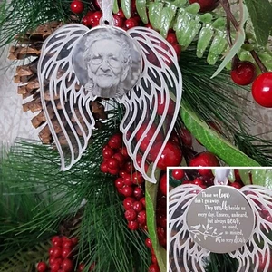 Memorial Tree Decoration, Personalised Engraved Photo Angel Wings, - Picture 1 of 5