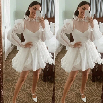 Elegant Short Tulle Wedding Dresses White/Ivory Long Sleeves Simple Bridal Gowns - Image 1 of 4