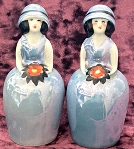 Noritake Deco Blue Lusterware Bridesmaid Red Flower Girl Salt & Pepper Shakers - Picture 1 of 11
