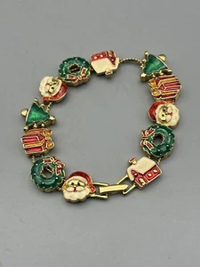 Vintage CHRISTMAS BRACELET Sliding Charm Enamel Gold-Tone 8 in Signed SP - Picture 1 of 11