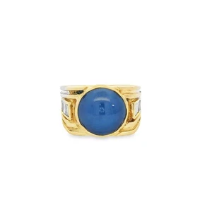 Blue Star Sapphire & White Diamond Ring in 14k Yellow Gold 8US 9.79g. - Picture 1 of 5