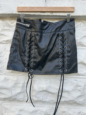 Vintage Tripp Skirt Women’s M Black Faux Leather Lace Up Mini Goth Grunge  - Image 1 of 4