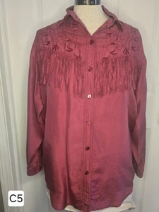 Vintage 100% Silk Blouse Gallagher Sz XL Embroidered Fringe Collared Button Up - Picture 1 of 8