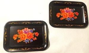 TWO Vintage Mini Metal Hand Painted Flowers Tole Ware Trays 6-5/8"x4-1/2" (64A - Picture 1 of 3