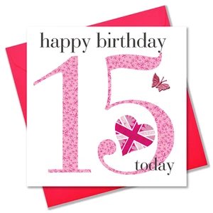 Tarjeta de cumpleaños, niña de 15 años, feliz cumpleaños 15, tela mariposa adornada - Imagen 1 de 3