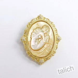 18K Gold Over Sterling Silver MOP Mermaid Cameo Oval Lace Frame Brooch Pendant - Picture 1 of 7