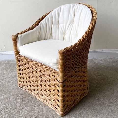 1980s Boho Chic Wicker Barrel Chair With Tufted White Cushions Cover