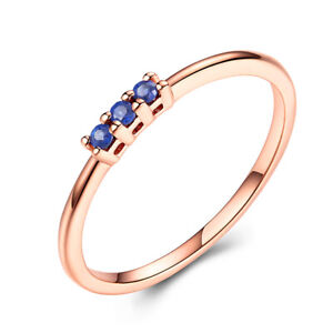 Round Cut Genuine Bule Sapphires Three Stone Ring Retro Band Solid 18K Rose Gold